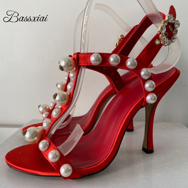 Strappy Heeled Sandals - Pérola grânulo decoração t-cinta sandálias de