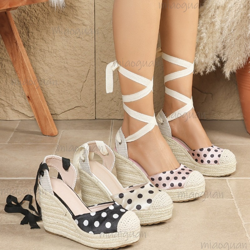 Ribbon Tie Heel - Novas Sandálias Anabela Espadrille Femininas de