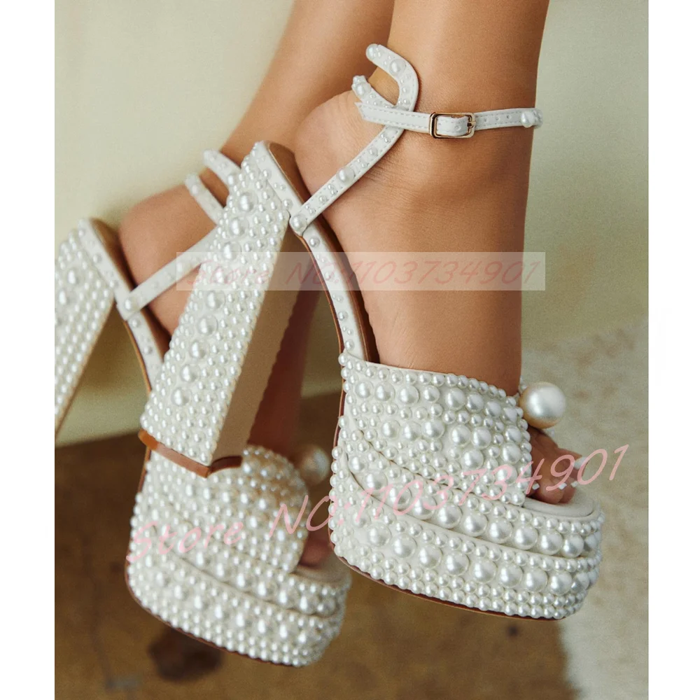 Square Toe Mule - Sandálias femininas plataforma pérola branca tira