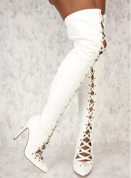 Ribbon Tie Heel - Moda feminina branco preto sólido camurça