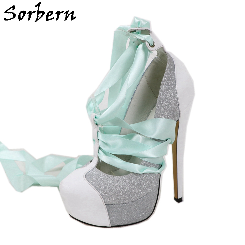 Ribbon Tie Heel - Sorbern branco couro real bombas femininas