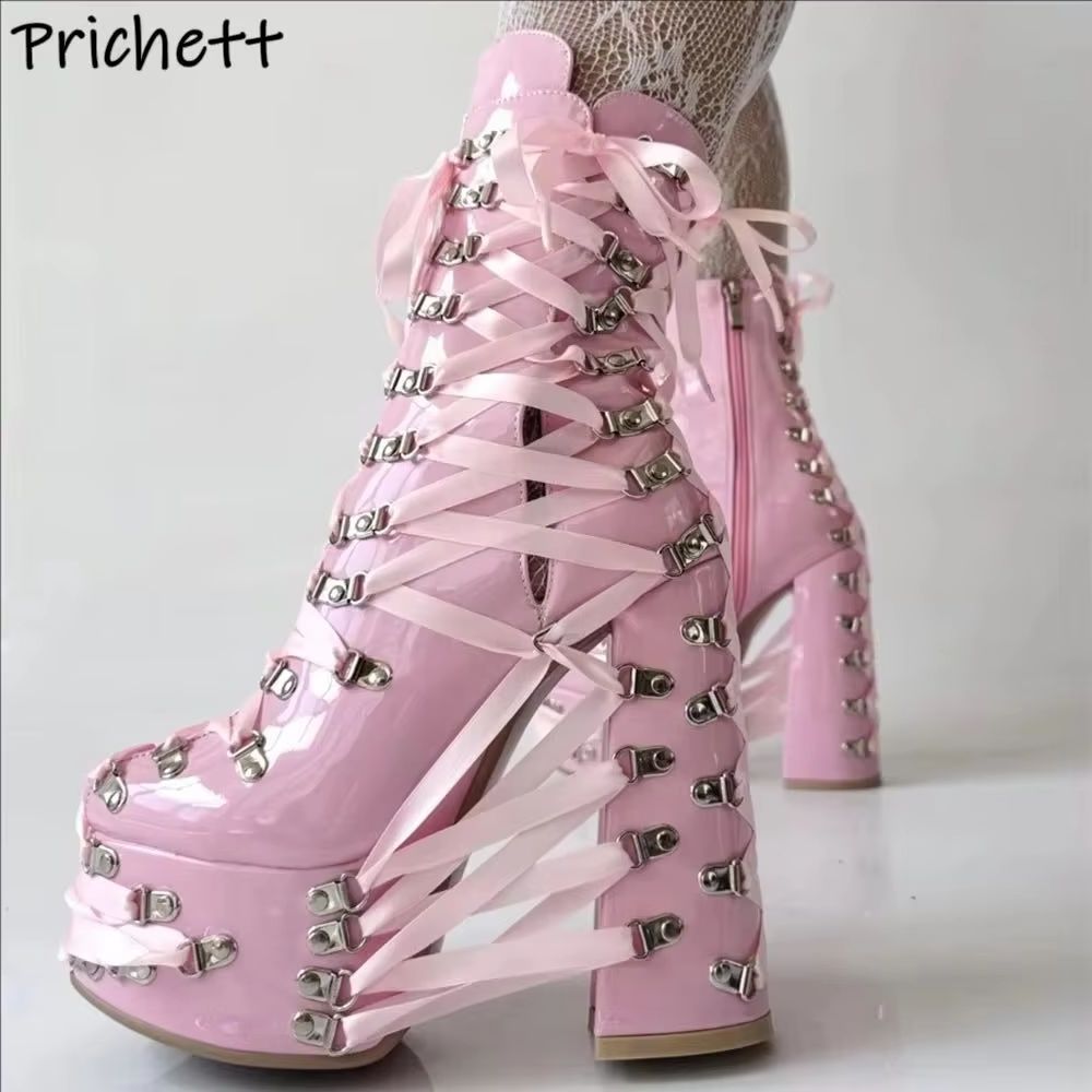 Ribbon Tie Heel - Preto rosa cruz amarrada tornozelo botas