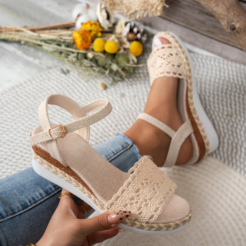 Espadrille Wedge Shoes - Sandálias Femininas de Renda com Plataforma