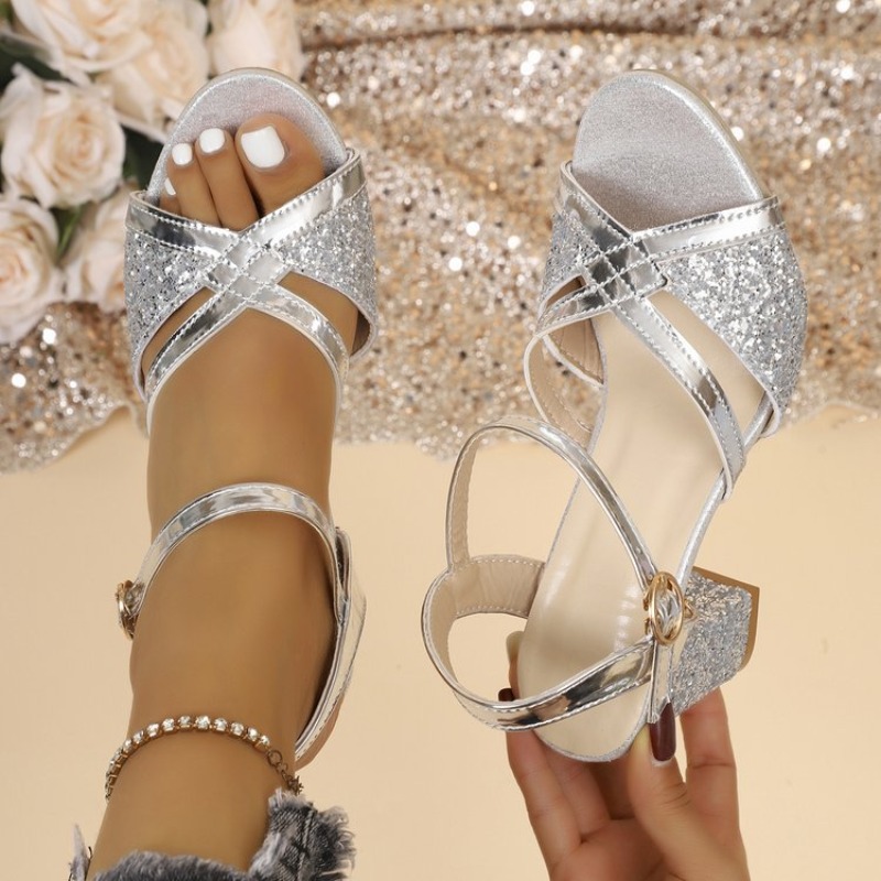 Strappy Heeled Sandals - Sandálias Femininas de Salto Bloco Douradas