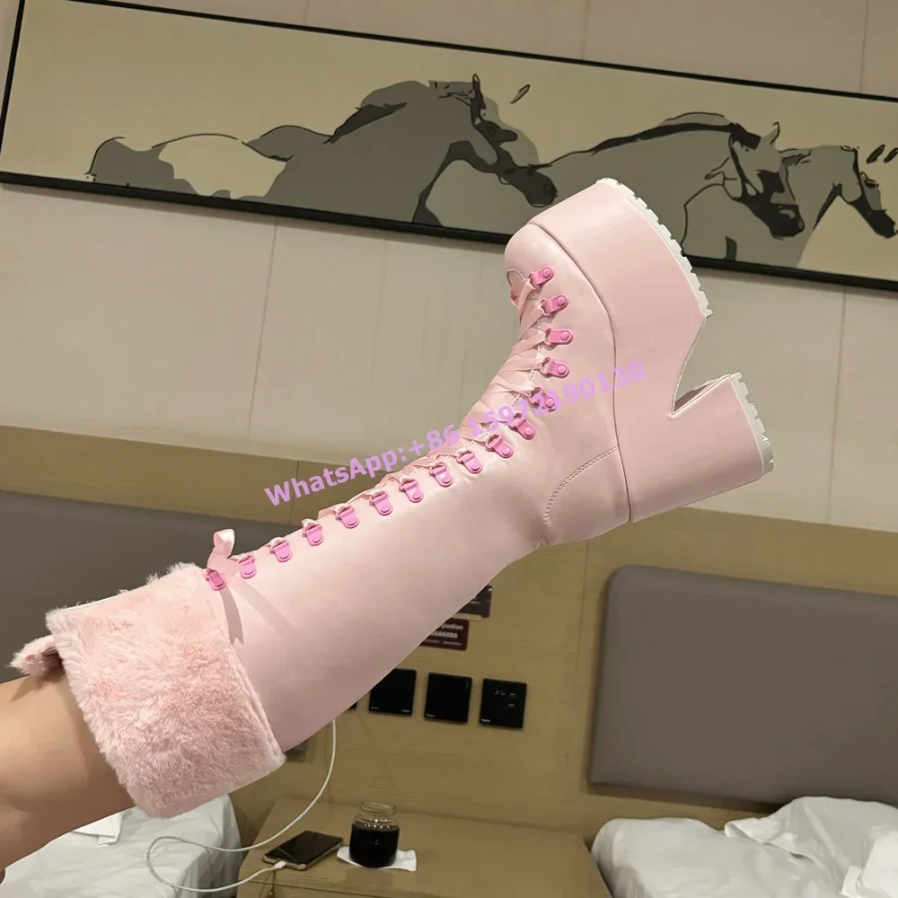 Botas de Inverno Rosa Peludas  - Ribbon Tie Heel avaliação e preço